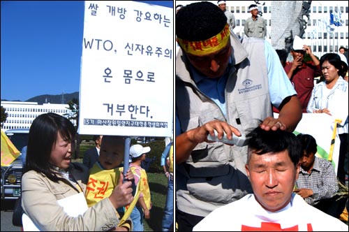 한 아이도 '쌀수입 개방 반대'라고 쓴 천조작을 몸에 둘렀다(왼쪽). 한병석 의장이 삭발식을 하고 있다(오른쪽). 